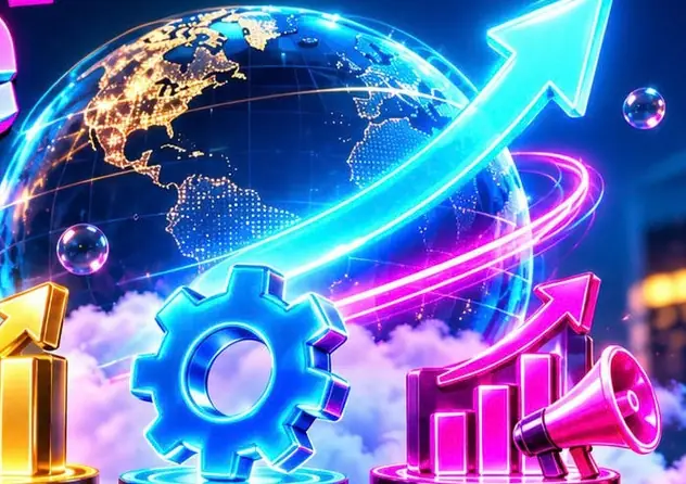 Business building, operations and growth pillars around a glowing globe