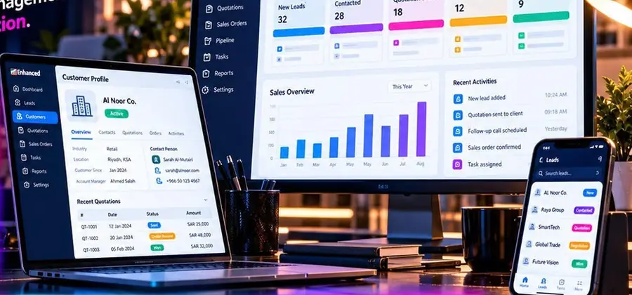 Sales management dashboard with pipeline, customers and quotations