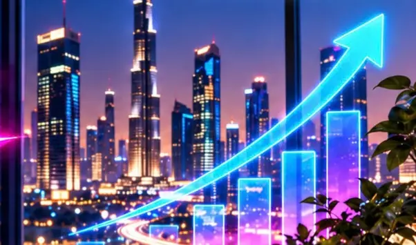 City skyline at night with a rising growth arrow