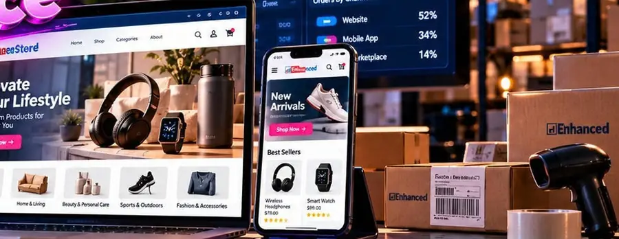 Online store on a laptop and phone with packed orders