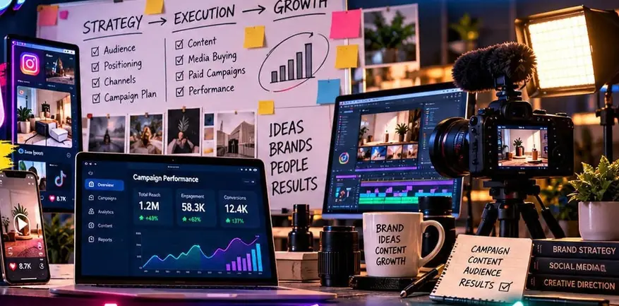 Marketing studio with campaign plans, cameras and analytics