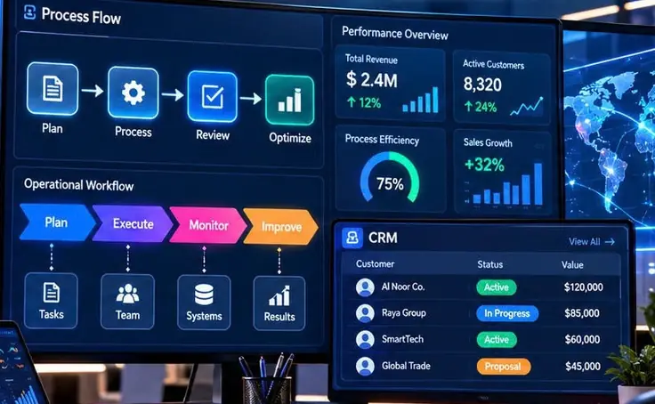 Process flow and CRM dashboards on screens