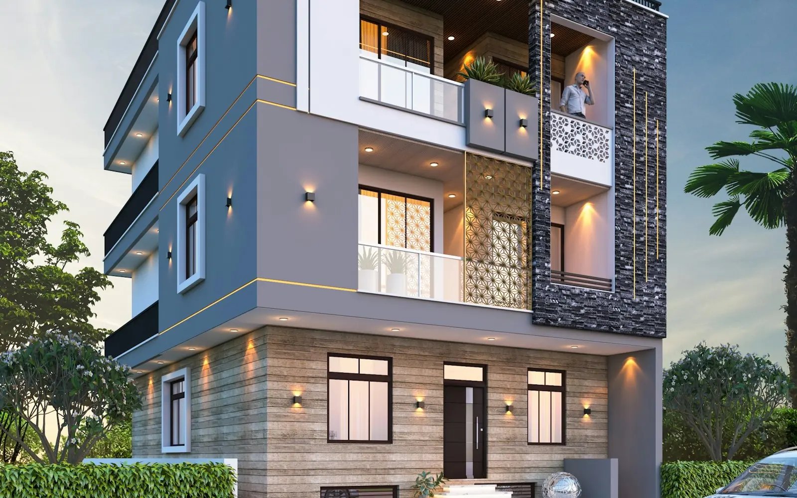 Modern residential villa at dusk